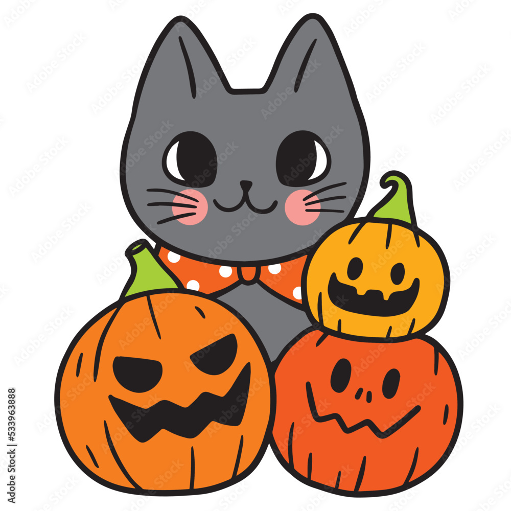 Fototapeta premium Black cat on Halloween,Cute cartoon character vector.