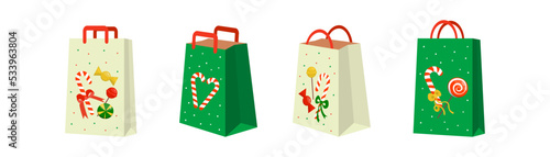 Christmas bags with candy print. paper bags for shopping, gifts and grocery bags in the style of the new year. Kraft paper, cardboard bags with handles. Shopping concept trendy vector drawing