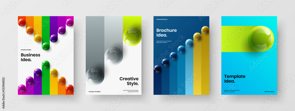 Clean 3D spheres poster layout set. Premium annual report A4 vector design concept bundle.