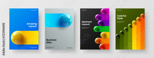 Trendy realistic balls handbill concept bundle. Colorful magazine cover A4 design vector template composition.