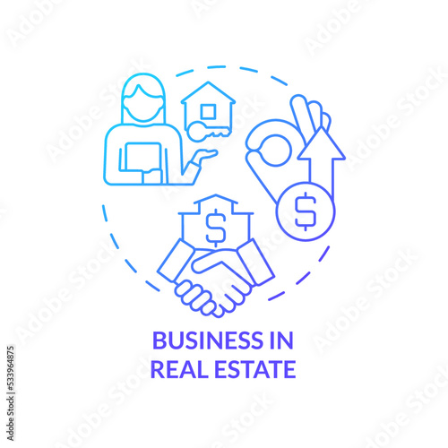 Business in real estate blue gradient concept icon. Property selling. Future business trend abstract idea thin line illustration. Isolated outline drawing. Myriad Pro-Bold font used