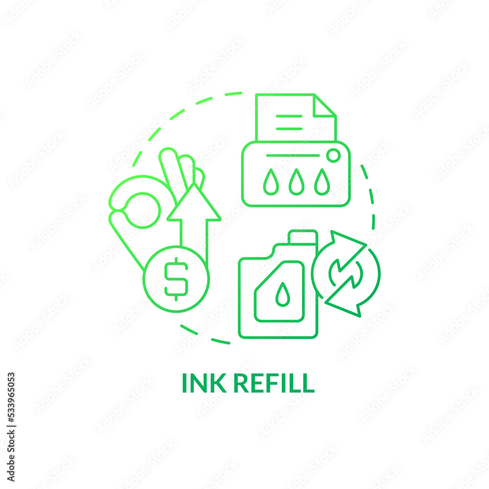 Ink refill green gradient concept icon. Office printer. Environmental service. Ecological business idea abstract idea thin line illustration. Isolated outline drawing. Myriad Pro-Bold font used Ink refill green gradient concept icon. Office printer. Environmental service. Ecological business idea abstract idea thin line illustration. Isolated outline drawing. Myriad Pro-Bold font used