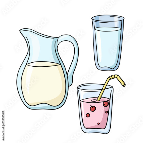 A set of colored icons, drinks in glassware, vector cartoon