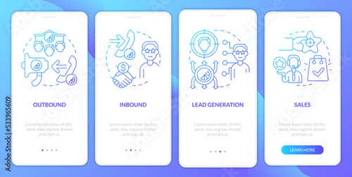 Types of telemarketing activities blue gradient onboarding mobile app screen. Walkthrough 4 steps graphic instructions with linear concepts. UI, UX, GUI template. Myriad Pro-Bold, Regular fonts used