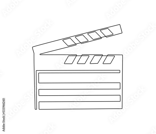 One continuous line drawing of clapper board. Clapperboard icon for action movie scene and retro video production concept in simple linear style. Outline editable stroke. Doodle vector illustration