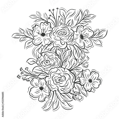Hand drawn floral bouquets elements on white background