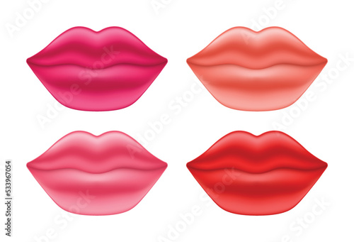 Beautiful Lush Female Lips. Isolated Set. Red Pink Beige Lips. Front view. Logo. Color Realistic 3d Style. Design Element. White background. Vector illustration for Beauty Cosmetic Design.