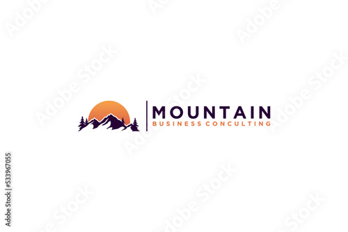 Mountain logo adventure, sunset icon, rocky outdoor, hill hiking base camp. traveling symbol. © 21graphic