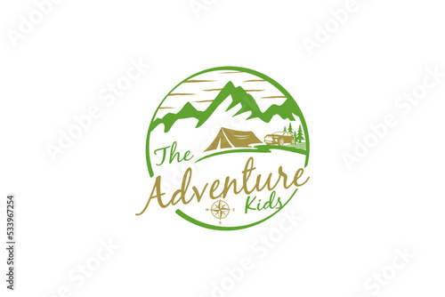 Rocky mountain logo adventure park outdoor emblem badge tent camp illustration