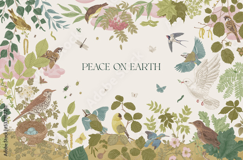 Garden Birds. Peace on Earth. Vector vintage illustration.