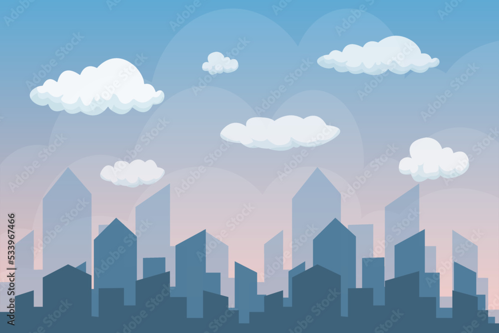 Clouds on blue sky vector illustration. Morning city skyline. Buildings silhouette, big city. Flat cityscape with blue sky, white clouds. Flat blue sky, white clouds