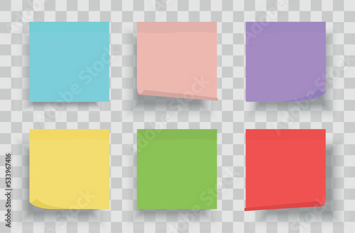 Collection of different colored sheets of note papers with curled corner and shadows. Set of multicolor notes isolated on transparent background. Template for your projects. Vector illustration