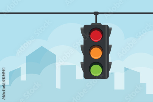 Traffic light in the city. Traffic light up red, green, yellow colors. Traffic lights with all three colors on against city with clouds. Vector illustration