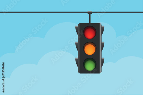 Traffic light in the city. Traffic light up red, green, yellow colors. Traffic lights with all three colors on against city with clouds. Vector illustration