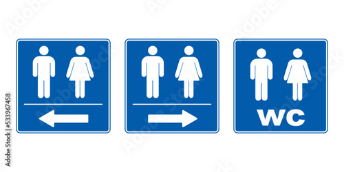 Men and women icons. Gender symbols for toilets and special places. Men and women restroom sign. WC direction arrows sign set