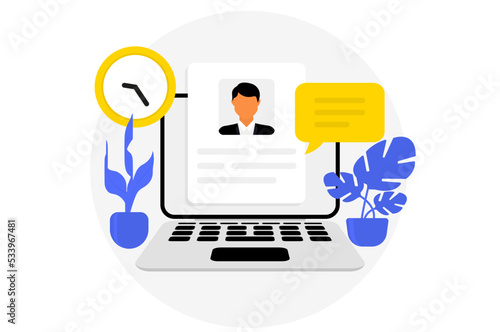 Illustration of creating and submitting a resume on a laptop. Human resources recruitment and selection. Applying for job at laptop, giving CV, job competition vector concept. Vector illustration