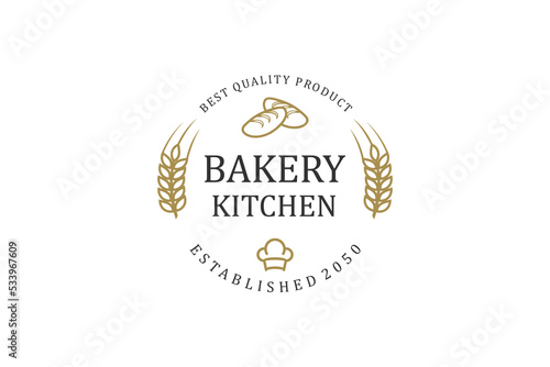 Bakery kitchen logo design with grain wheat cake bake icon vintage badge food drink chef hat