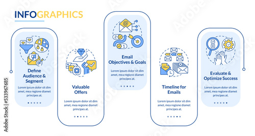 Lead nurturing strategy rectangle infographic template. Contacts. Data visualization with 5 steps. Editable timeline info chart. Workflow layout with line icons. Lato-Bold, Regular fonts used