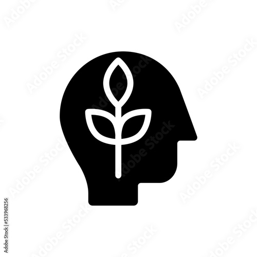 Mental health black glyph icon. Positive thinking. Inner calmness. Psychological wellbeing. Optimistic thoughts. Silhouette symbol on white space. Solid pictogram. Vector isolated illustration