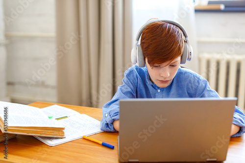 Pupil boy during an online lesson in front of a laptop monitor. He writes an online message to the teacher.