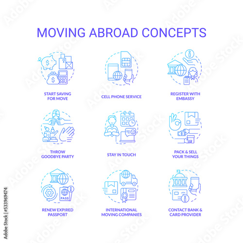 Moving abroad blue gradient concept icons set. Prepare to love in foreign country tips. Immigration idea thin line color illustrations. Isolated symbols. Roboto-Medium, Myriad Pro-Bold fonts used
