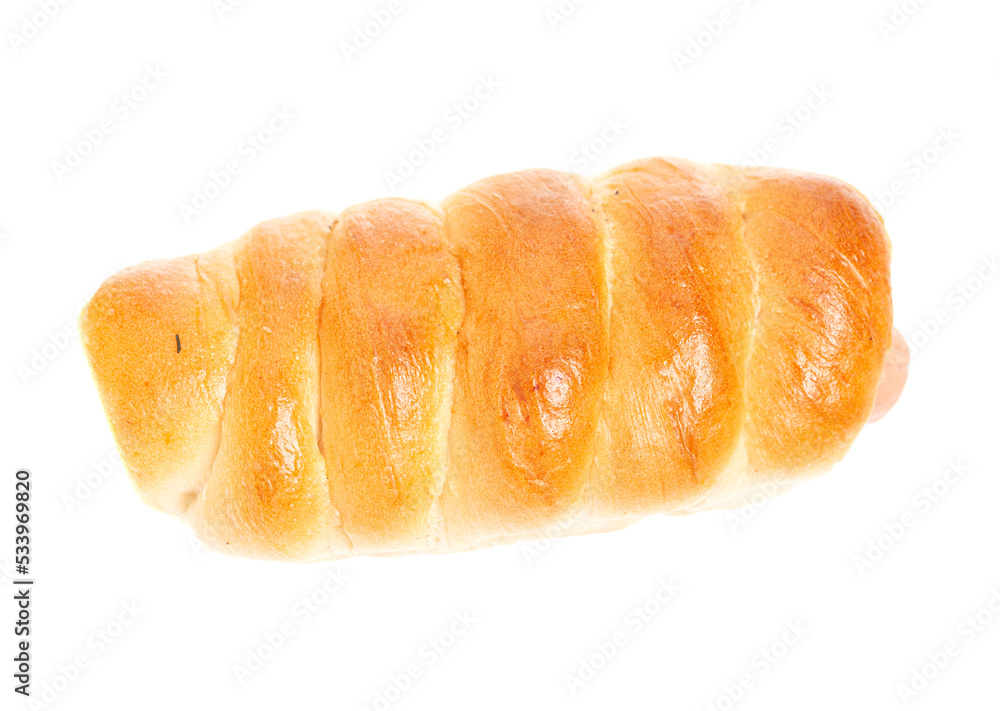 Delicious hot dog, sausage in dough, top view, isolated on white background Delicious hot dog, sausage in dough, top view, isolated on white background