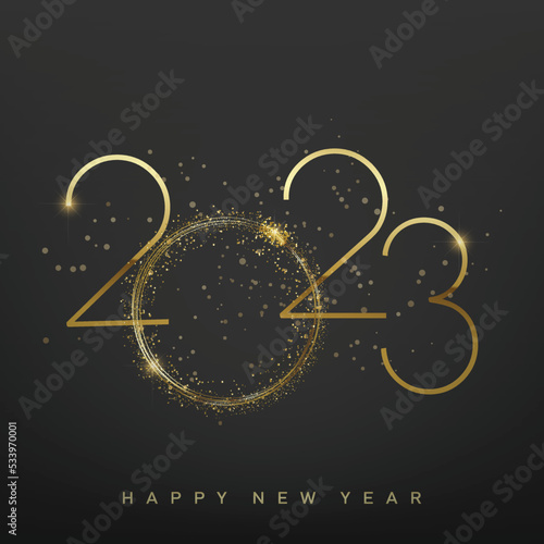 2023 Happy New Year and Merry Christmas card with golden text. Vector illustration