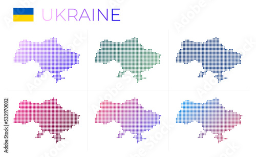 Ukraine dotted map set. Map of Ukraine in dotted style. Borders of the country filled with beautiful smooth gradient circles. Modern vector illustration.