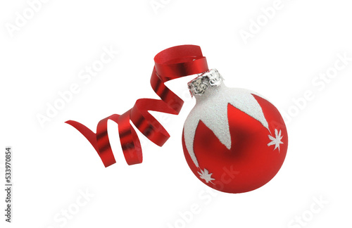 Small christmas red and white bauble decoration with ribbon  isolated on transparency photo png file  photo