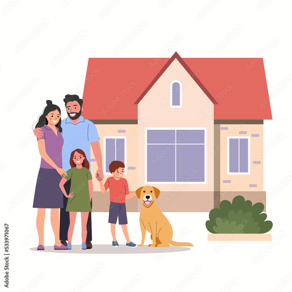 Mother and father with children and dog in front of the new house. Happy family isolated.Vector flat style illustration