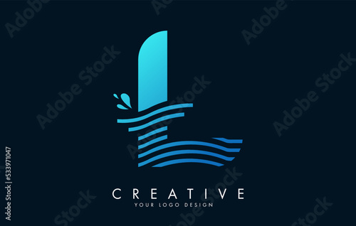 Blue L Letter Logo with Waves and Water Drops Design.