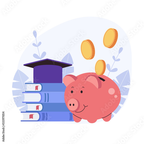 Piggy bank and graduation hat on stack on school textbooks. Concept of money investment in education with coins. Vector flat style cartoon illustration