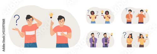 Young woman and man surrounded by a question mark and finding new idea. Shiny light bulb. Flat style cartoon vector illustration. Big set.