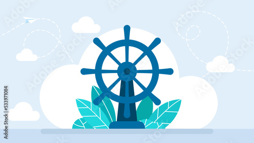 Steering wheel. Concept of control, business management, life. Wooden ship wheel. Sailing, nautical. Flat style. Vector illustration. 