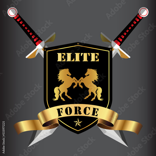 elite army logo with horse icon with sword and shield combination