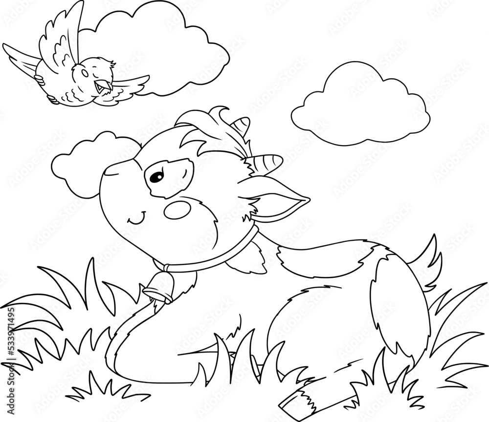 Fototapeta premium baby goat witch a bird coloring page