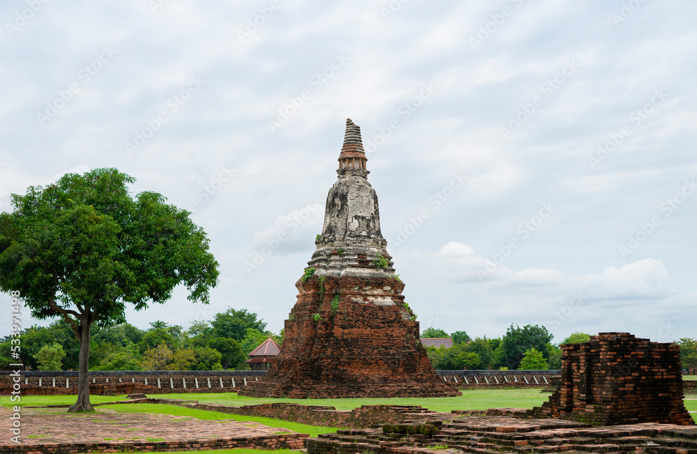 Landscape of ancient old pagoda Wat Chai Wattanaram temple in Ayutthaya historical park, Ayutthaya, Thailand that the destination attractive tourists both Thai and foreigners