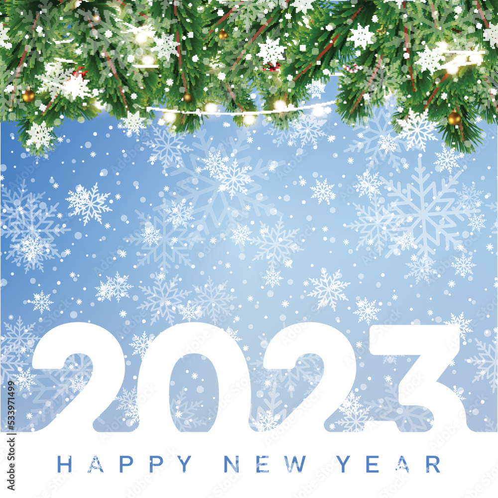 2023 Happy New Year and Christmas card with falling snowflakes and 2023 text. Vector 2023 Happy New Year and Christmas card with falling snowflakes and 2023 text. Vector