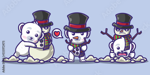 cute polar bear character playing with snowman bundle