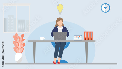 フラットデザイン　ビジネスウーマン　オフィス　ひらめき