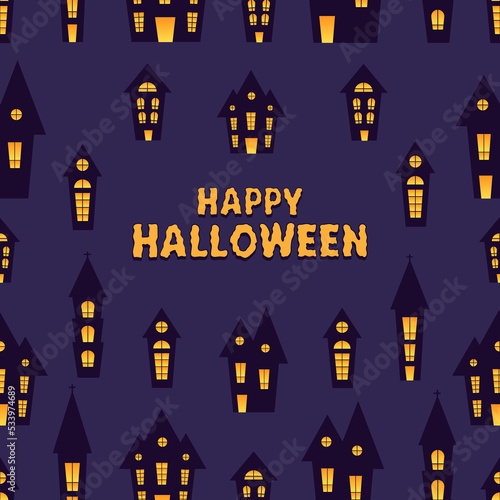 Happy Halloween postcard with houses. Halloween dark background design. 