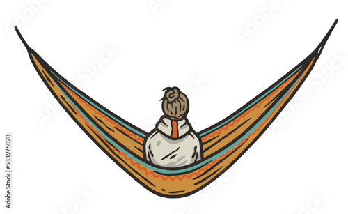 Man sits on a camping hammock in the forest. Adventure trip outdoor element