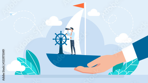 A businessman holds a ship in his hand. Management control. Concept of control, business management, life. Wooden ship wheel. Sailing, nautical. Flat style. Vector business illustration. 