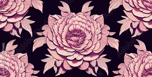 Seamless pattern of peonies flowers, pink on dark puple, high quality vector, modern botanic style