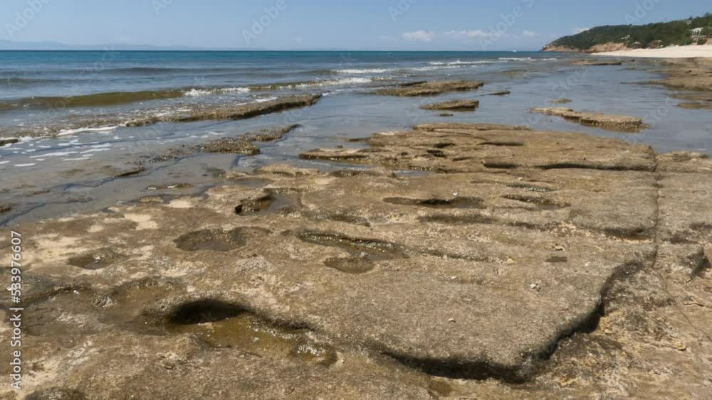 View of sea nature landscape, seascape, rocks beach shoreline. Turquoise color of water. Clear blue sky. Horizon. Summer holidays concept.	
