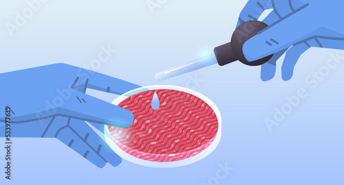 petri dish with beef steak cultured raw red meat made from animal cells artificial lab grown meat production concept