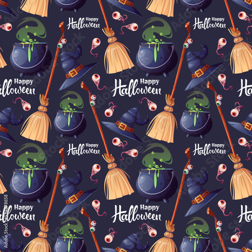 Vector Halloween Seamless pattern with hat, witches cauldron and broom with lettering. Magical background for a terrible holiday