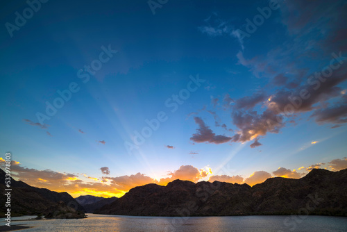 Photography Sunset with sunray  over Colorado River near Las Vegas
