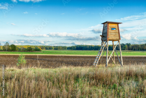 Fototapeta Naklejka Na Ścianę i Meble -  Landscape with hunting lodge in middle of meadow amazing blue sky with clouds