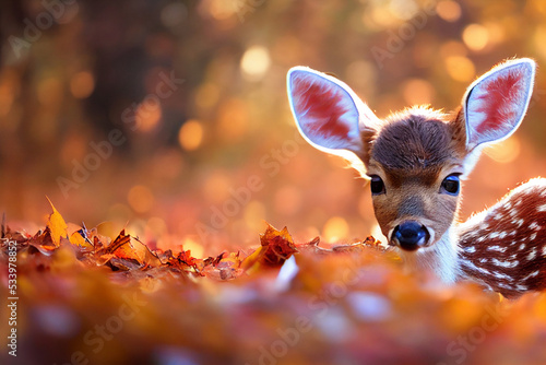 3d illustration of a baby deer hiding in the autumn forest © TimeaPeter